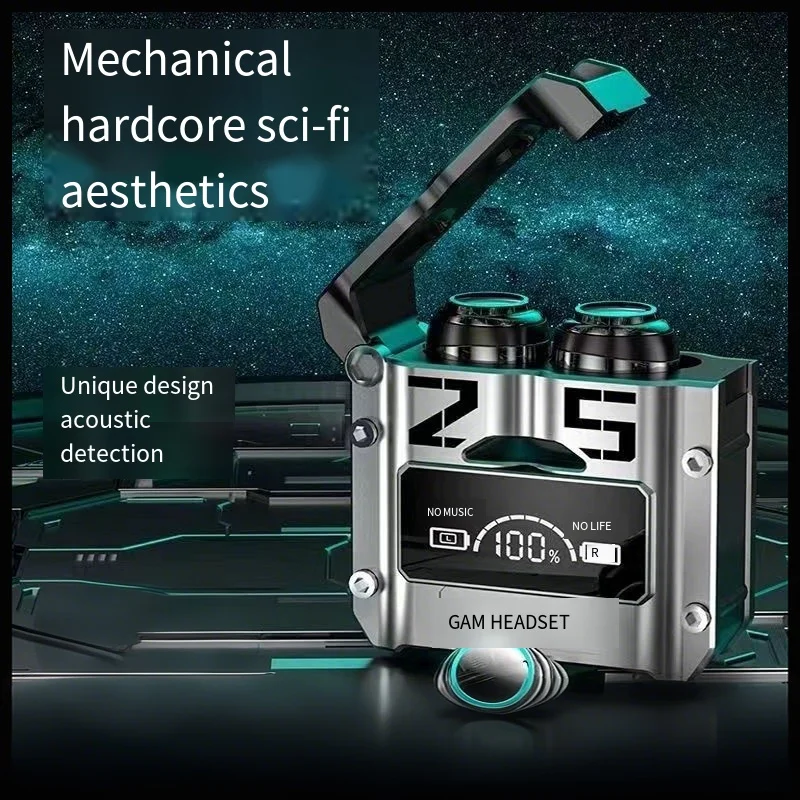Bluetooth headset, wireless touch metal mecha style low-power e-sports game digital display headset Bluetooth earphone