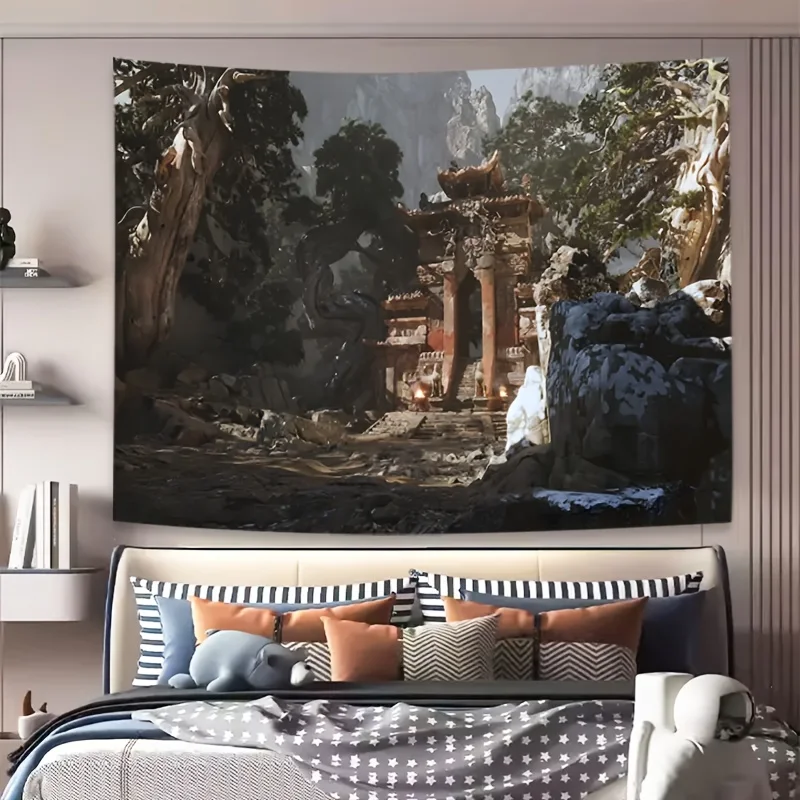 Tapisserie artisanale avec une forêt sérène avec des ruines mystiques, des cascades et une brume pour une décoration intérieure tranquilique
