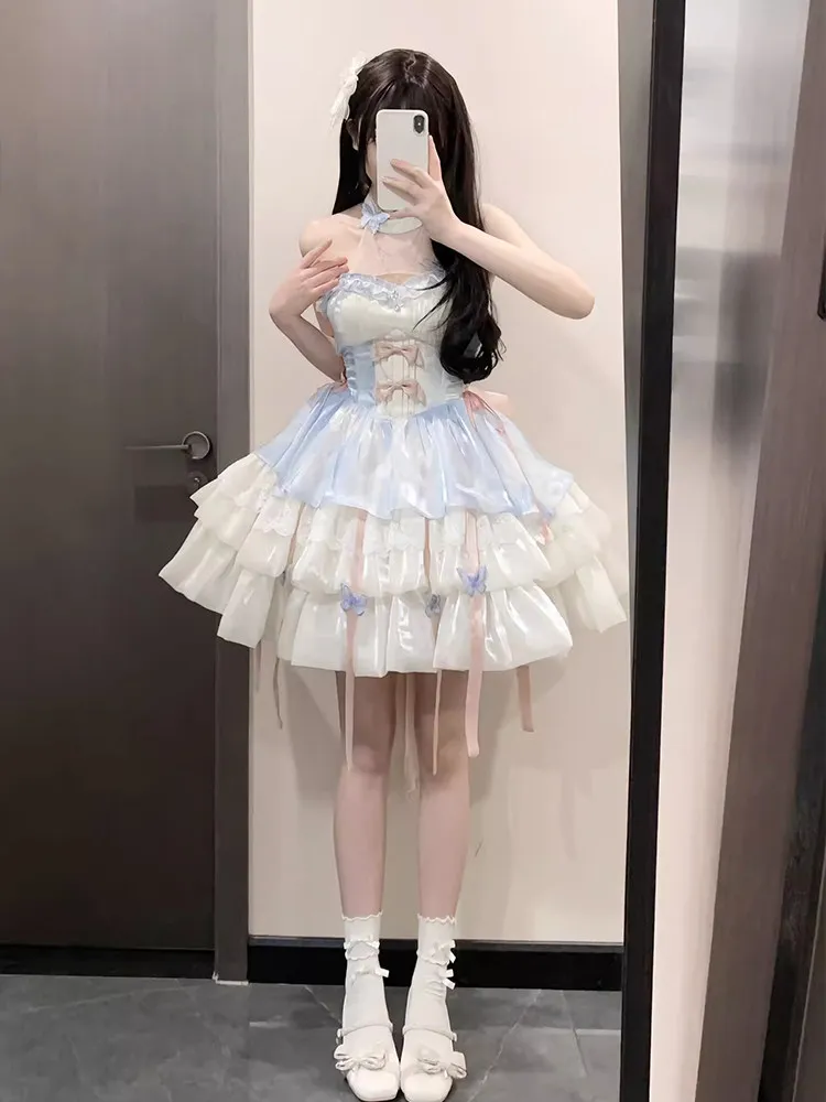 Dress Apricot Blue Pink Lolita Style Pure Halter Spaghetti Straps Short Skirt Trailing Pettiskirt