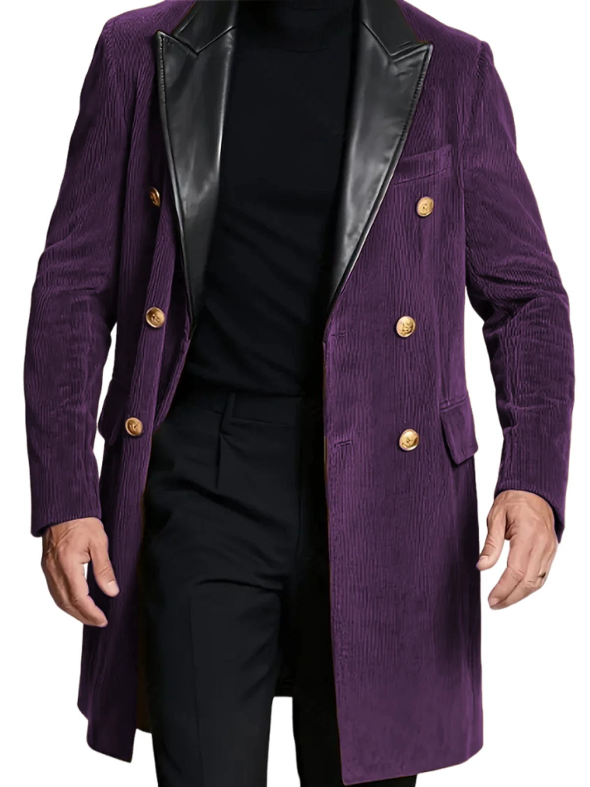 Outono inverno trincheira masculina duplo breasted veludo retalhos lapela de couro jaqueta longa outono casual vintage blusão casaco