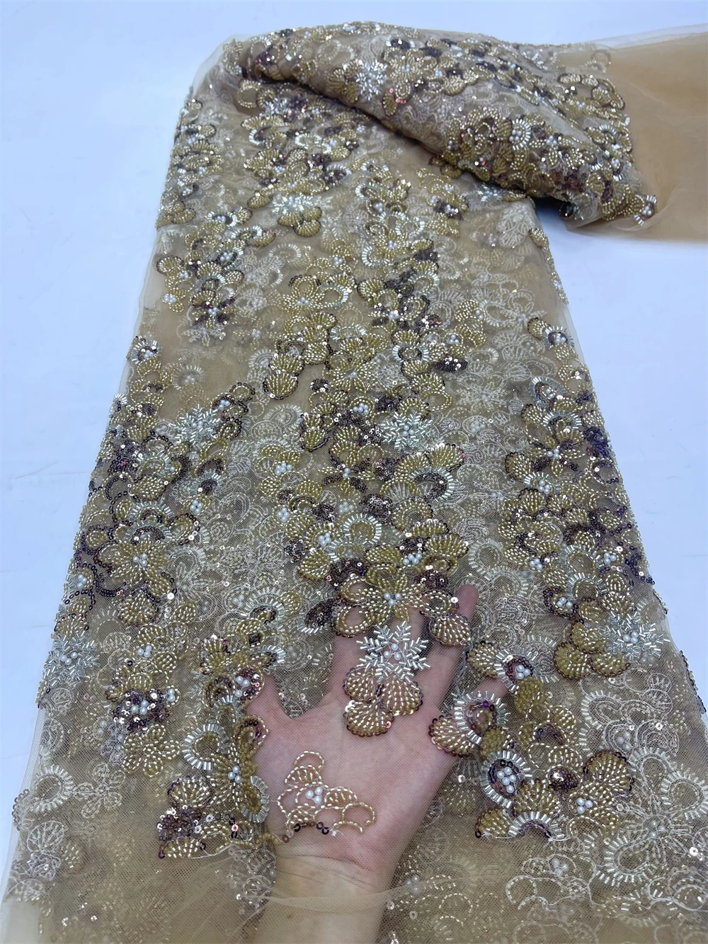 2024 High Quality African Jacquard Brocade Lace Fabric French Tulle Lace Embroidery Gold line Sewing For French Tulle Dress jy