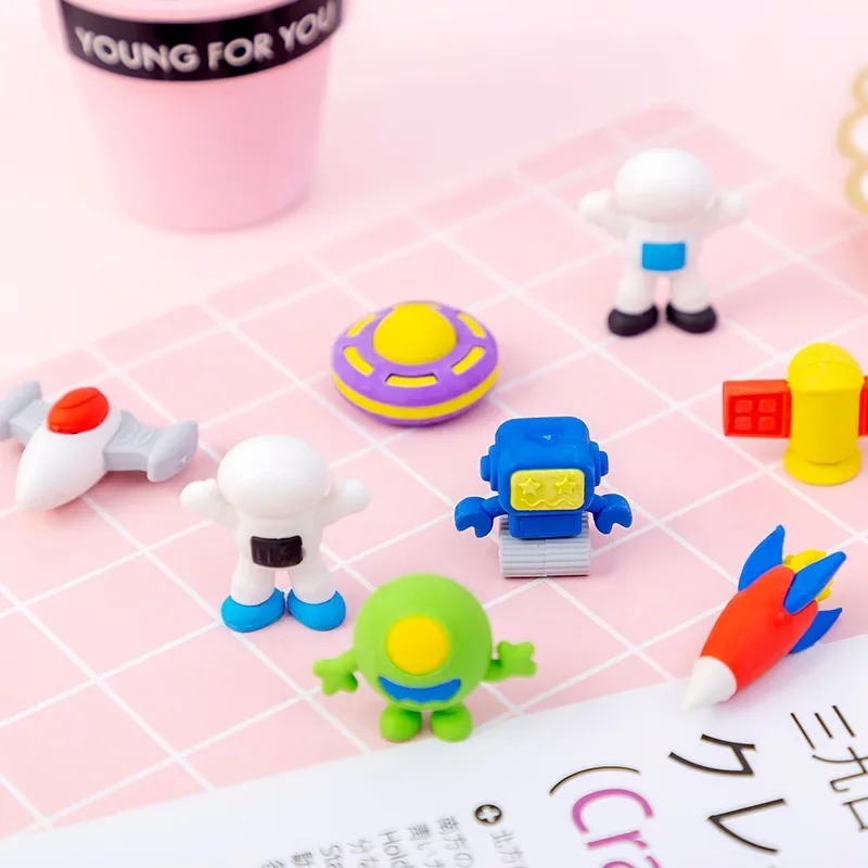 Cute Space Astronaut Eraser Random Pack Cartoon Rocket UFO Pencil Erasers Novelty Stationery School Supplies Gift for Kids