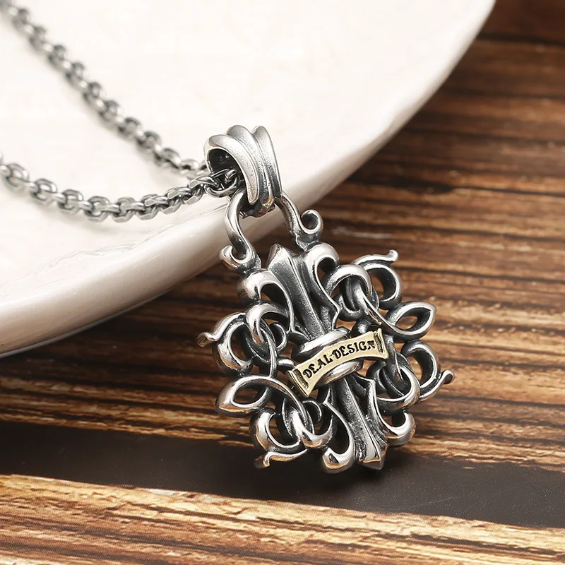 

S925 sterling silver boat anchor cross flower pendant Thai silver European hip hop punk silver accessories men's necklace