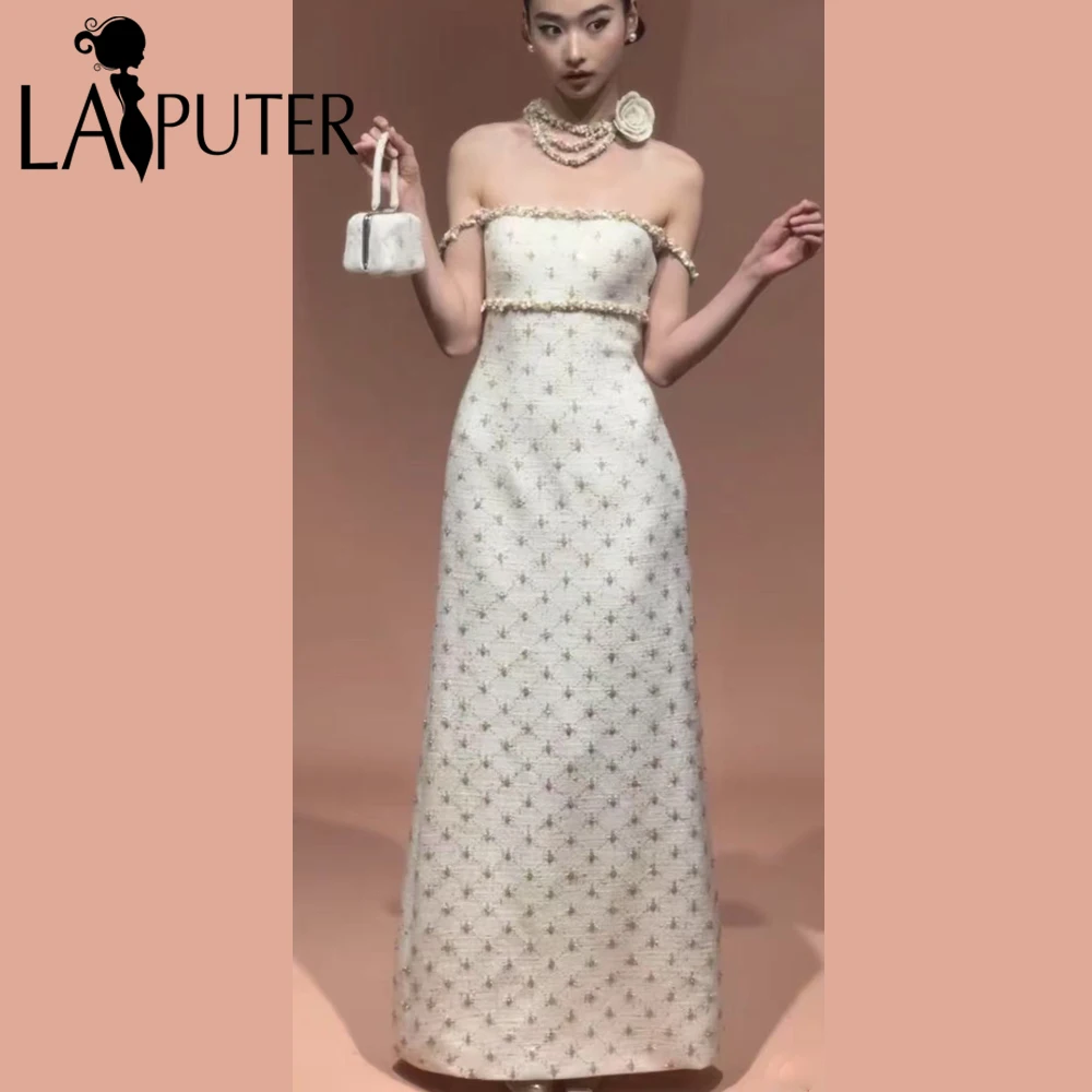 Niedliche Spalte-Blumen-Abendkleider, Empire-Stil, Mädchen-Abschlussballkleid, Muschelperlen, Perlen, Wolle, beige, formelles Kleid für Promis