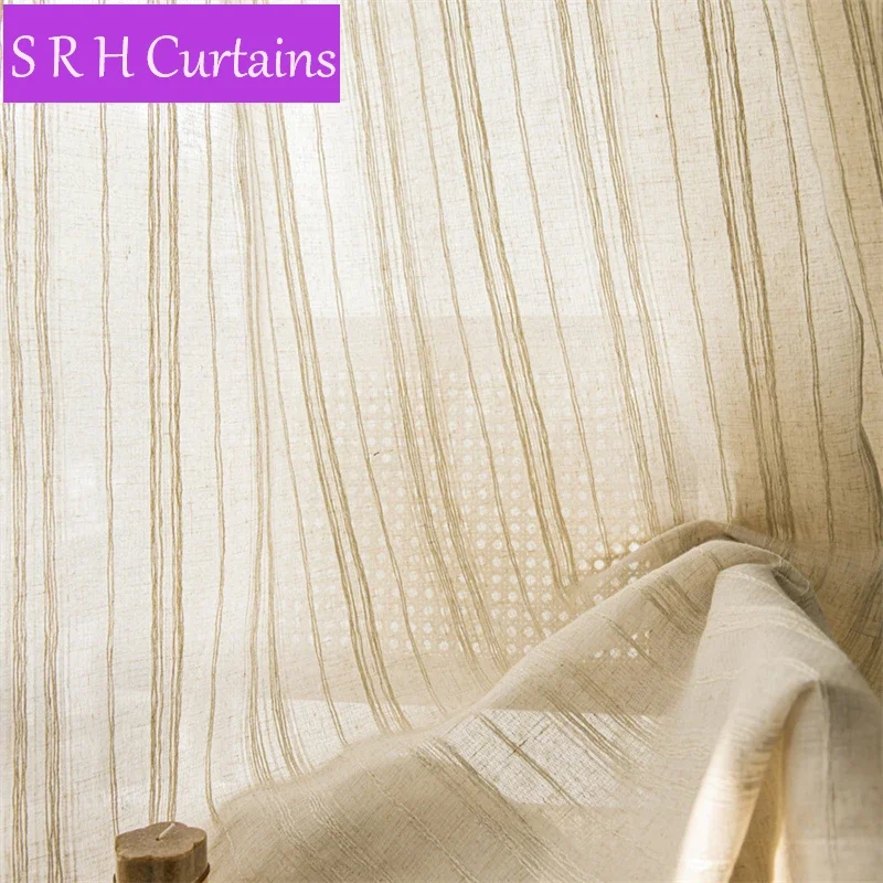 

Japanese Retro Beige Linen Stripe Curtains Living Room Balcony Bay Window Sheer Tulle Curtain For Bedroom Valance Voile Drapes