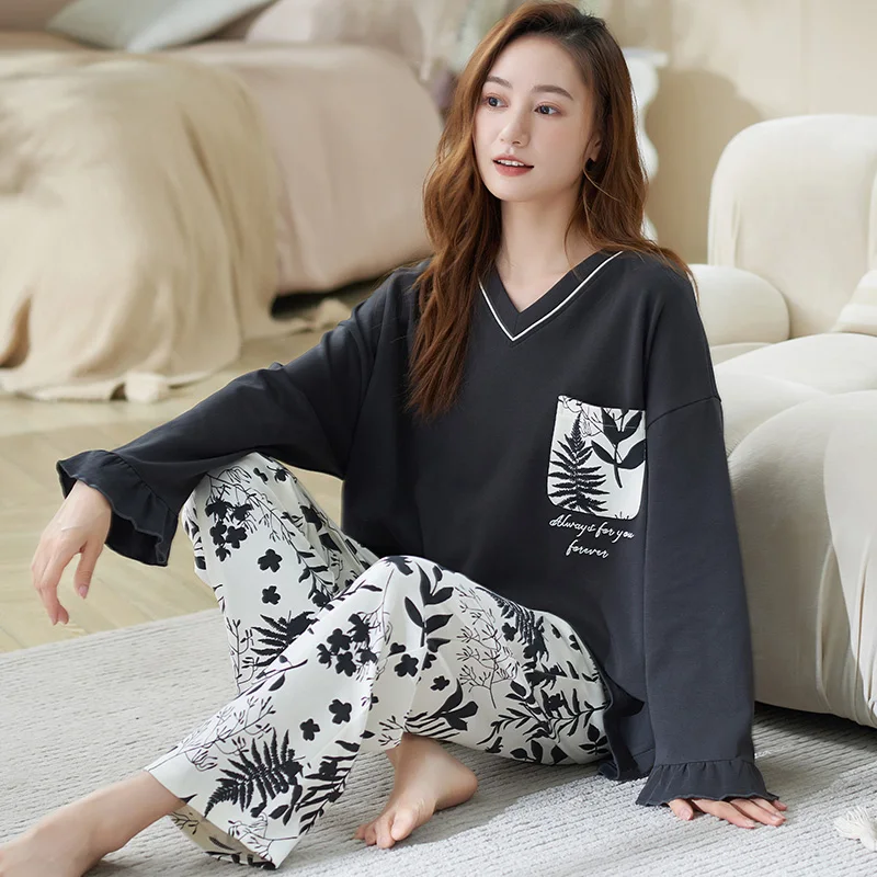 Black Leaf Women Pajama Set Cute Sleepwear Long Sleeves Long Pants Autumn Winter Cozy Pyjamas Soft Pijamas Cotton Nightshirt Pjs