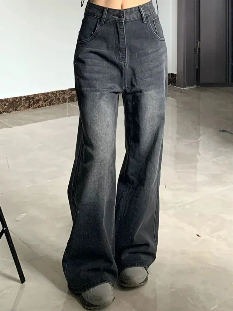 

Korean Vintage High Waist Women's Jeans Y2K Slimming Pear-Shaped Loose Straight Bell Bottoms Black Gray Baggy Denim Trousers