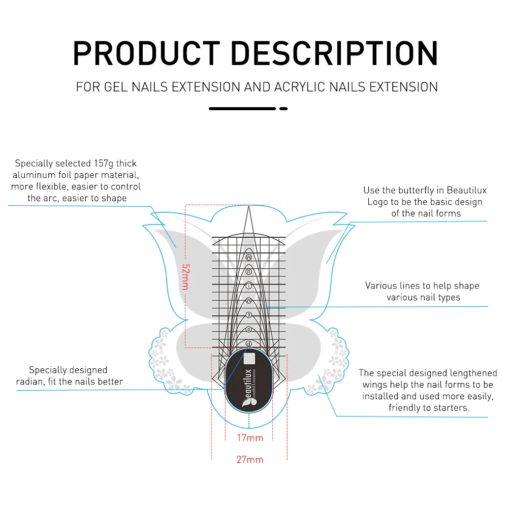 Beautilux Professional Nail Forms 300pcs/Roll Gel Acrylic Nails Extension Chablon Paper Sticker Butterfly Shablon
