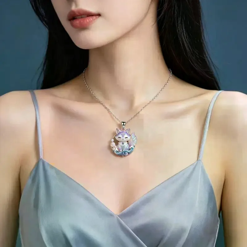Mythology Nine-tailed Fox Enamel Pendant Necklace For Women Friends Trendy Exquisite Daily Wear Jewelry Gifts Chinese