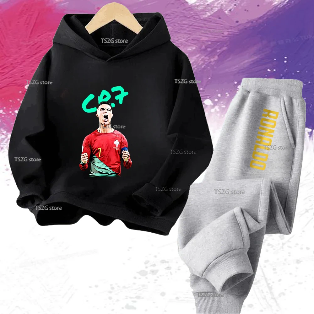 الشتاء الخريف كرة القدم CR7 رونالدو الأطفال هوديي + السراويل دعوى 2 قطعة مجموعة صبي فتاة رياضية البلوز مجموعة طفل رياضية 3-12Y #2