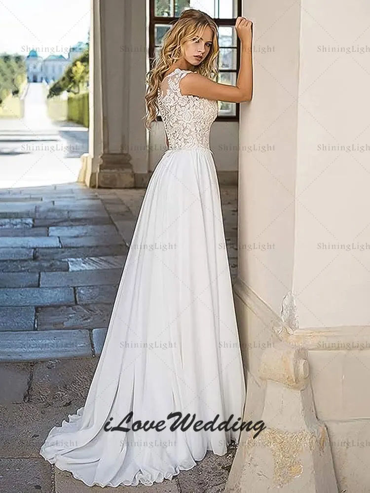 ShiningLight Ivory Chiffon A-Line Wedding Dresses V-Neck Sleeveless Sexy Slit Boho Lace Bridal Party Gowns Plus Size Customized