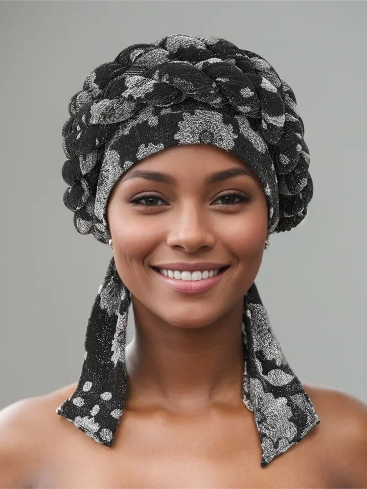 Fashion Women Glitter Pleated Turban Cap For Women Auto Gele Headtie Female Head Wraps African Nigeria Wedding Party Headpiece