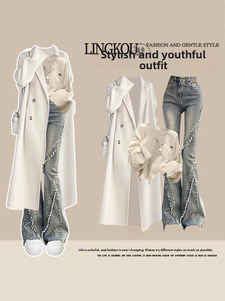 Autunno Faionable Maglione lavorato a maglia e jeans dimagranti Set di magliette da donna Light Maturi Sle Capispalla Colletto alla moda...