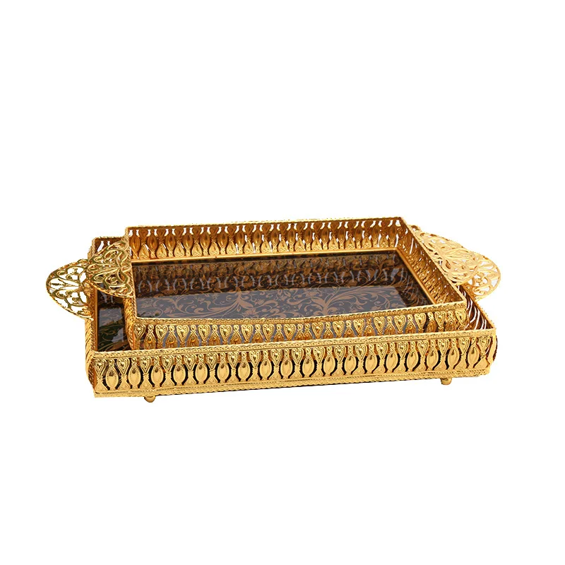 

DSA wrought iron mirror tray light luxury wind glass plate electric gold household banquet decoration fruit storage