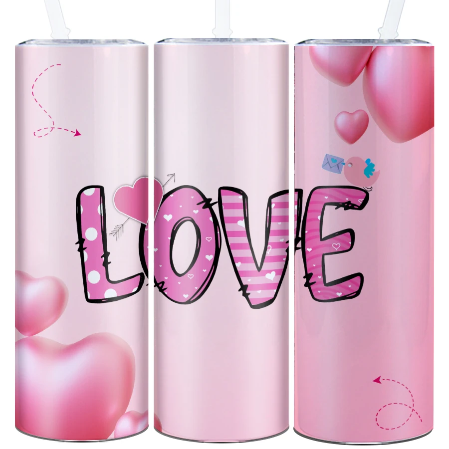 20oz Festive Party Tumblers Straw Lid 1Pc Print 3D Love Water Bottle Valentine's Day Stainless Steel Leak-Proof Party Drink Mugs