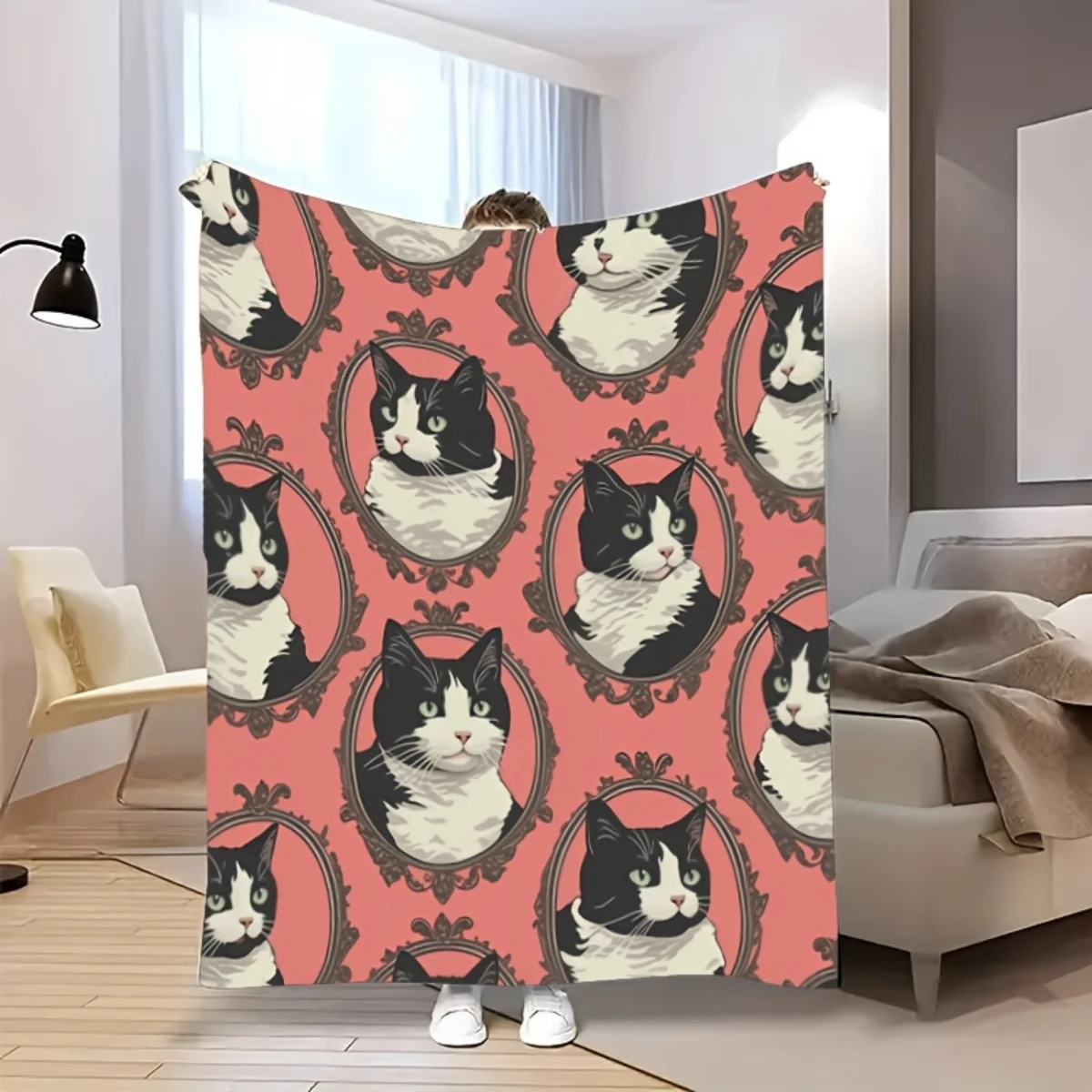 بطانية من الفلانيل بنمط صورة قطة باللونين الأبيض والأسود - ناعمة ودافئة، مثالية للتخييم والأرائك والأسرة والكراسي، #4