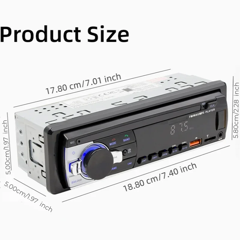 1 Din MP3 Car Player Stereo Multimedia MP3 Bluetooth Stereo Hands-Free Calling MP3 Player FM Receiver with Built-in AUX Input