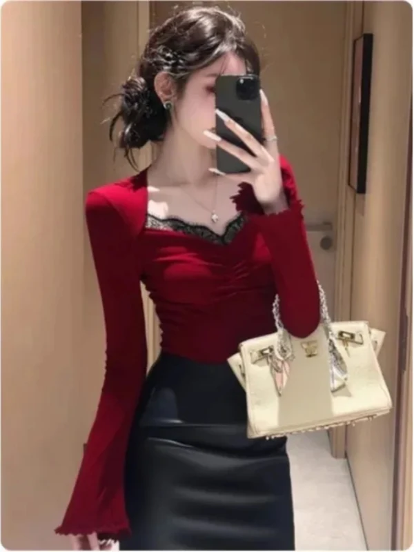 대형 사이즈 레이스 스플라이스 롱 슬리브 티셔츠 여성용 패셔너블 유니크 디자인 출퇴근용 겨울 상의 한국 버전 ...