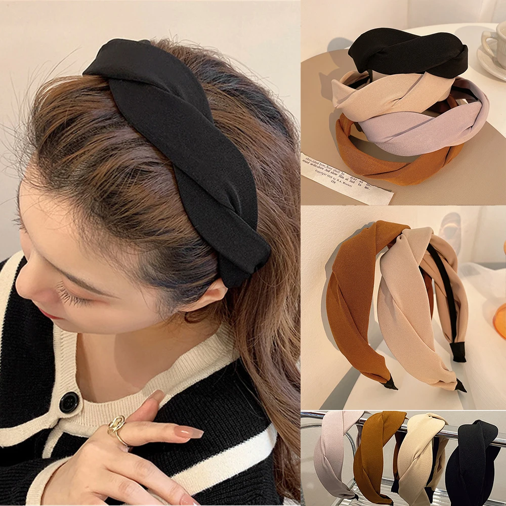 Solid Braided Vintage Soft Elastic Headband for Women Fashion Wide Side Hair Band Hoop Headwear Girls Hairband Hair Accessories