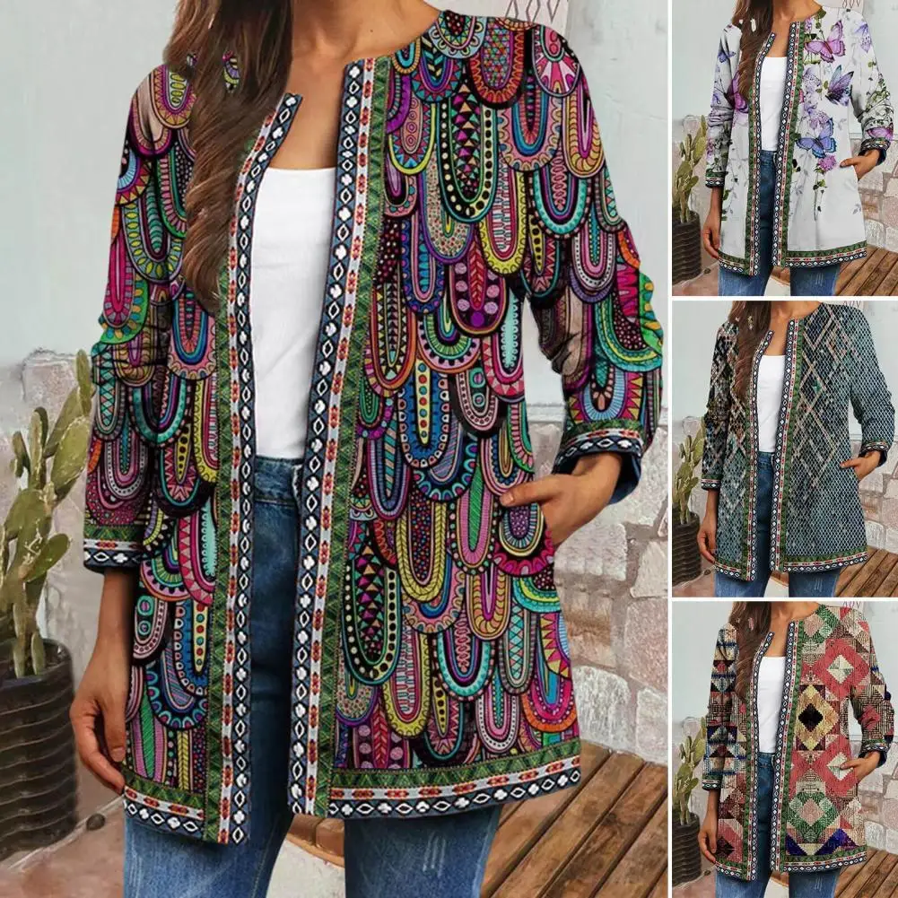 M - 5XL Spring Autumn Vintage Women Coat Flower Print Retro Long Sleeve Loose Ethnic Style Cardigan Plus Size Ladies Jacket