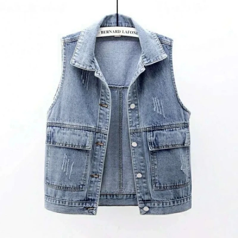 

New Denim Vest Women's Spring Autumn Clothes Sleeveless Casual Female Vests Jackets Tops Loose Short Waistcoats Single-Breasted