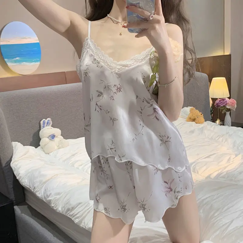 Female Spaghetti Strap Floral Print Pajamas Set Sleeveless Trim Home Clothing Shorts Women Sexy Lace V Neck Casual Loungewear XL