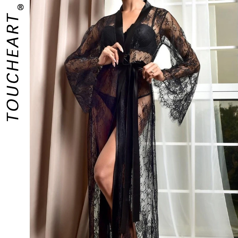 

Toucheart Sexy Mesh Nightgown Suit for Women Sexy Lingerie Sexy Lace Women's Solid Color Mesh Perspective Long Nightgown Suit
