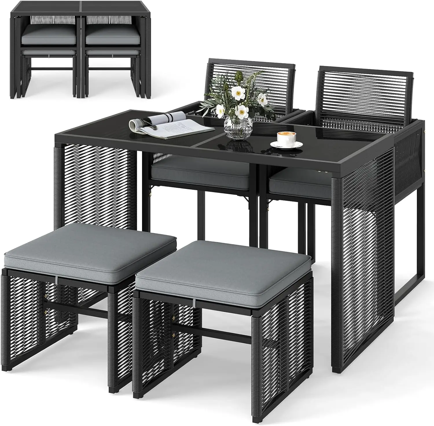 

5 Pieces PE Wicker Patio Dining Set, Outdoor Conversation Set with Cushions, Space-Saving Patio Rattan Chair and Tempered