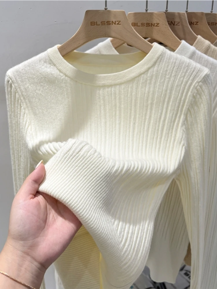 เสื้อสเวตเตอร์ไหมพรมสไตล์วินเทจเกาหลีลำลองสำหรับผู้หญิง แขนยาว คอทรงกลม สีพื้น ทรงเข้ารูป ใส่ได้หลายโอกาส สำหรับฤดูใบไม้ร่วงและฤดูหนาว
