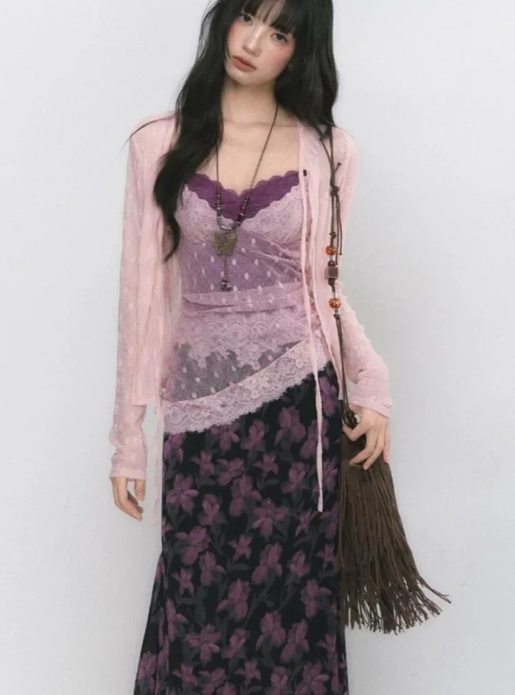 

Sweet 3 Piece Sets Women Sun Protection Lace Bandage Cardigan + Patchwork Slim Fit Vest + Vintage Flower ​Skirts Y2k Outfits