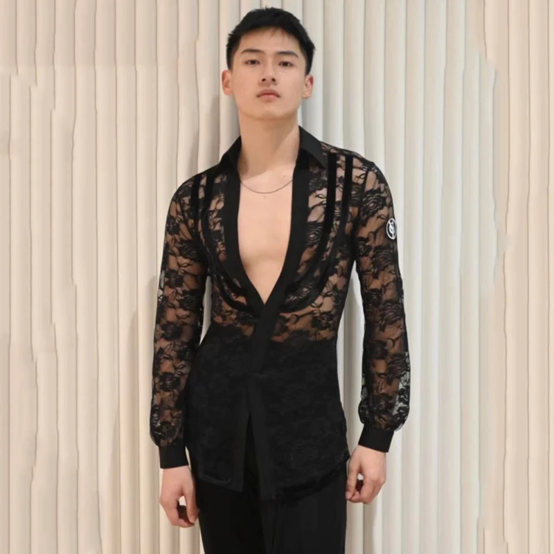 2024 Latin Dance Tops For Men Lace Long Sleeved Shirts Chacha Rumba Tango Training Clothes Latin Dance Competition Wear DQS15500