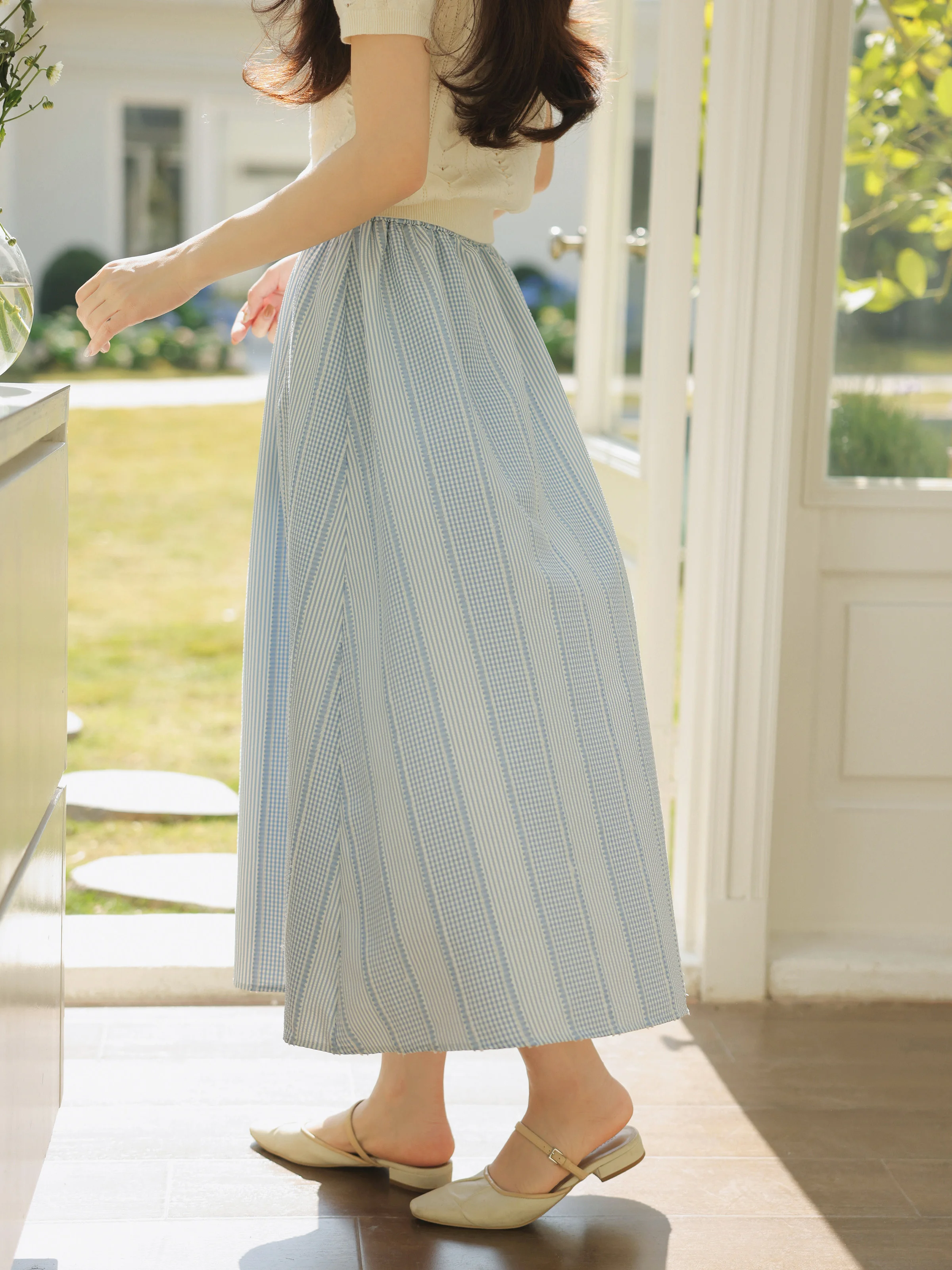 

High Waist Plaid Skirt for Women Summer Elastic Waist A-Line Flowy Skirt Casual Slim Fit Midi Skirt Small Frame Petite Style