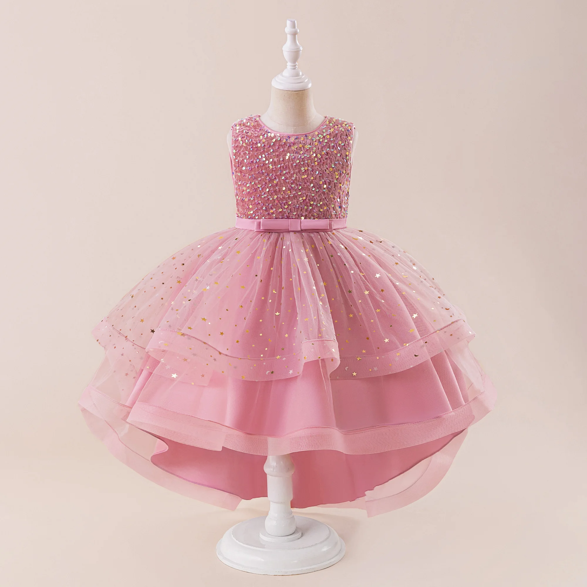 Girl Sequins Mesh Trailing Skirt Ball Gown Elegant Princess Wedding Childrens Birthday Fashion Party Piano Performance Costume