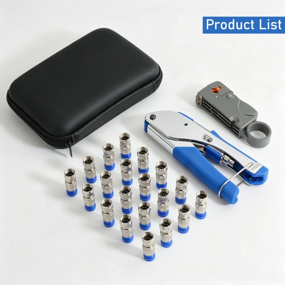 Professional Coaxial Compression Crimping Tool Kit RG6 Crimper Wire Stripper 20pcs F Connector for TV Satellite Antenna Cable