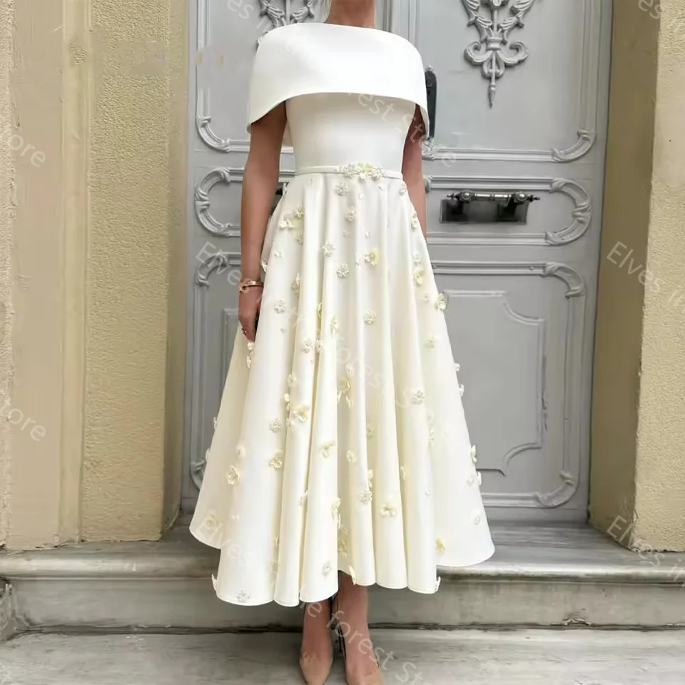 فساتين كوكتيل بيضاء على شكل حرف A بدون أكتاف مزينة بالزهور فساتين حفلات طول الشاي مخصصة لحفلات الزفاف الرسمية للضيوف