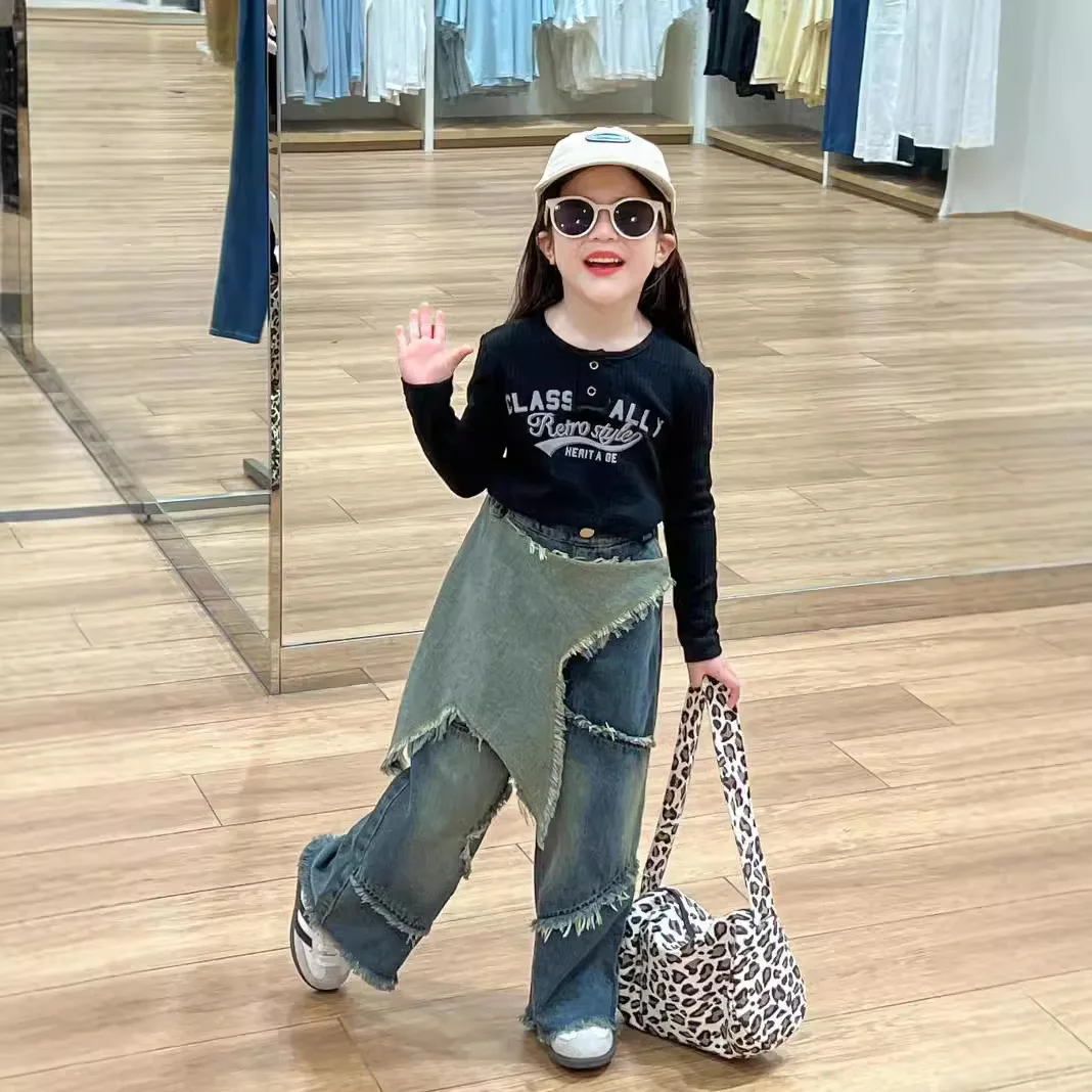 Girls Suit 2024 Autumn New Childrens Clothing American Spice Girl Slim Top Five-pointed Star Design Jeans Two-piece Set Casual