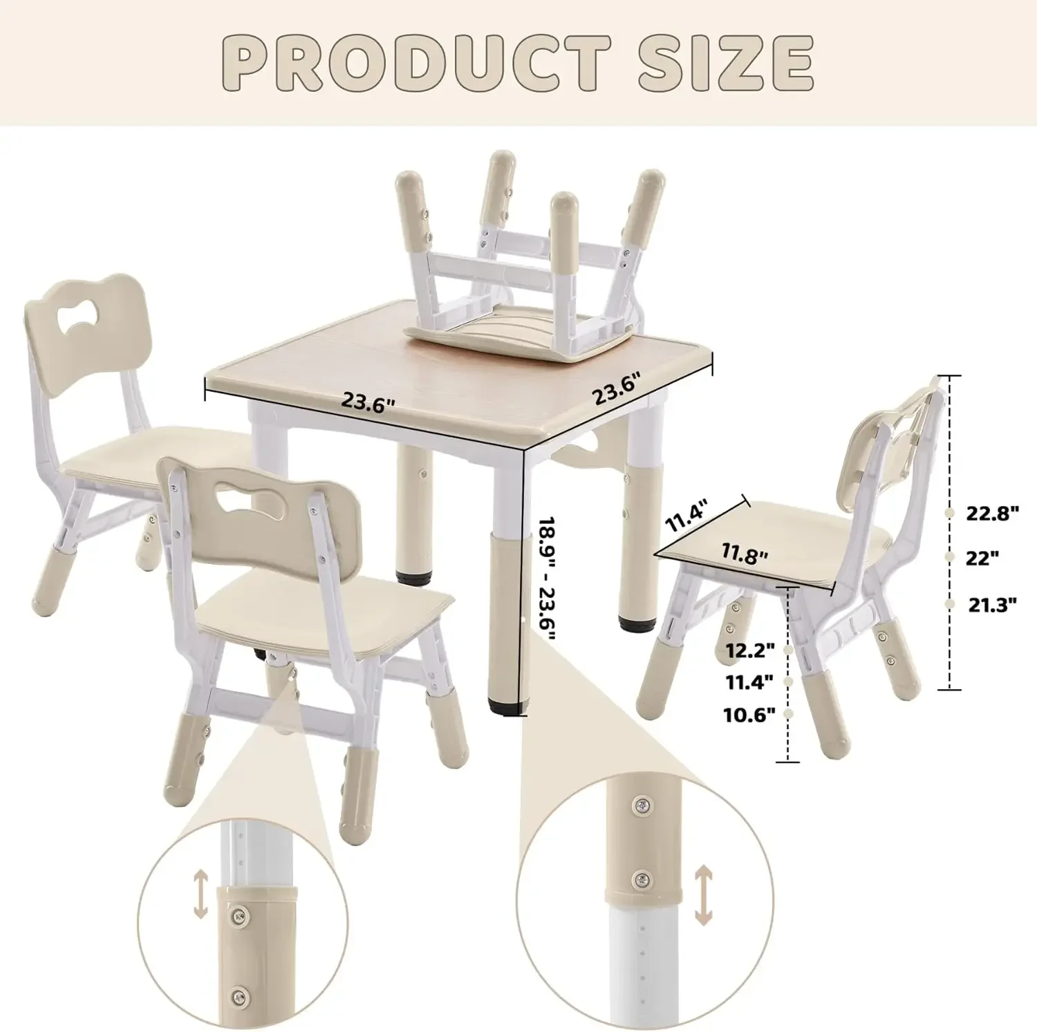 Table and 4 Chairs Set, Height-Adjustable Toddler Table and Chairs Set with Graffiti Desktop, 23.6''L x 23.6''W Children Activit