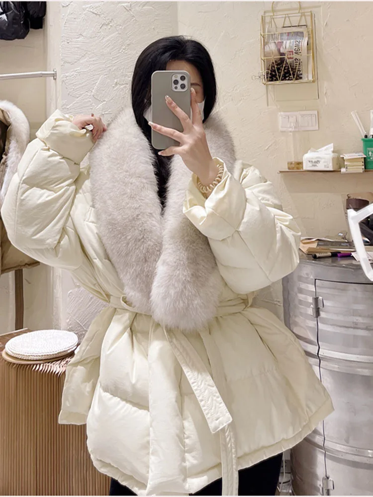 

Big Real Fox Fur 2022 Fashion Winter 90% Duck Down Jacket Women Slim Fit Waist Tie Short Puffer Coat Female Feather Parkas