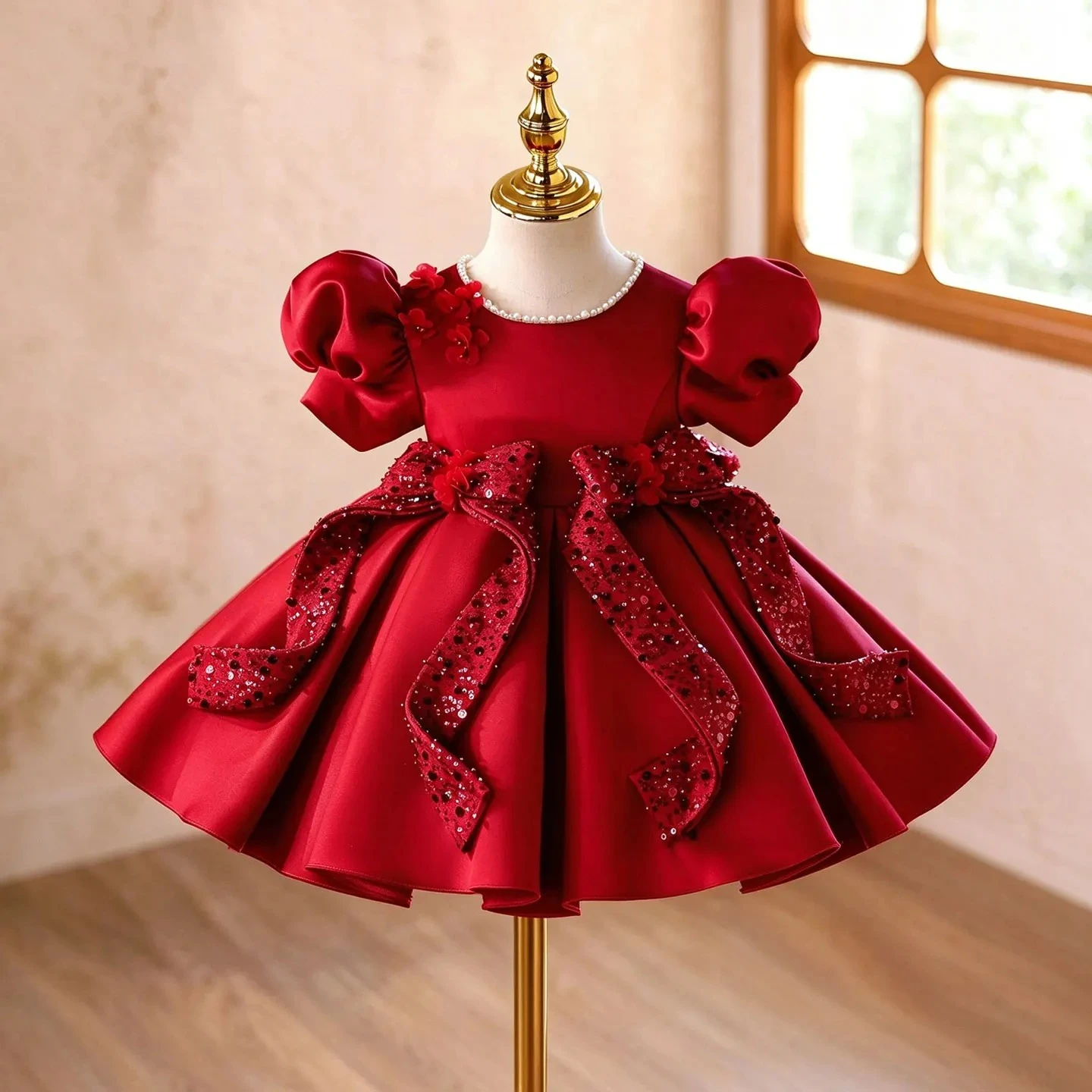 Customized Wine Red Flower Girl Dress For Wedding Sequins Puffy Pearls Satin Mini Elegant Kids Birthday First Communion Gown