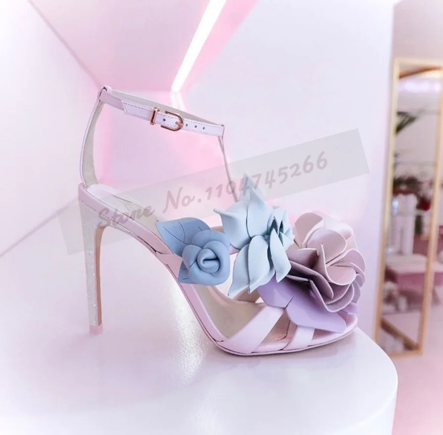 

Women Purple Pink Blue 3D Flowers Sandals Glitter Sequined Thin High Heel T-Strap Dress Shoes Colorful Blossom Floral Pumps