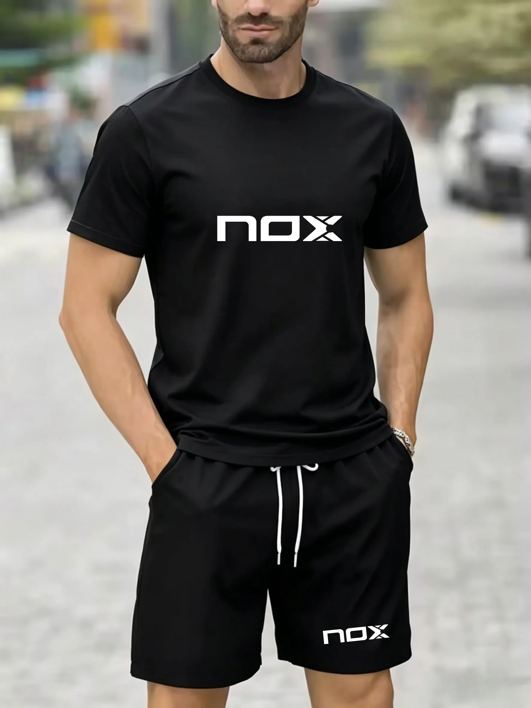 

Men's trendy new summer casual loose letter pattern printed round neck short sleeved T-shirt top set