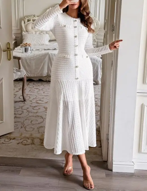 

Women Dresses 2026 New Spring Autumn Solid Color Button Design Round Neck Long Sleeve Slim Fit Temperament Long Dress