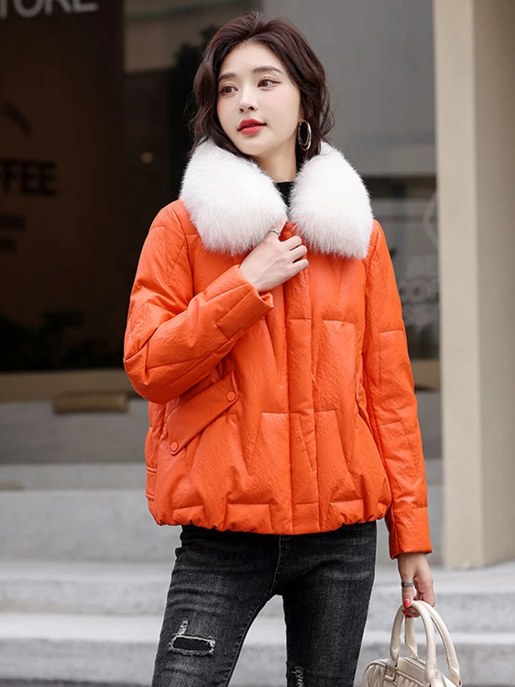 New Women Leather Down Jacket Winter Fashion Warm Real Fox Fur Collar Casual Loose Sheepskin White Duck Down Coat Split Leather