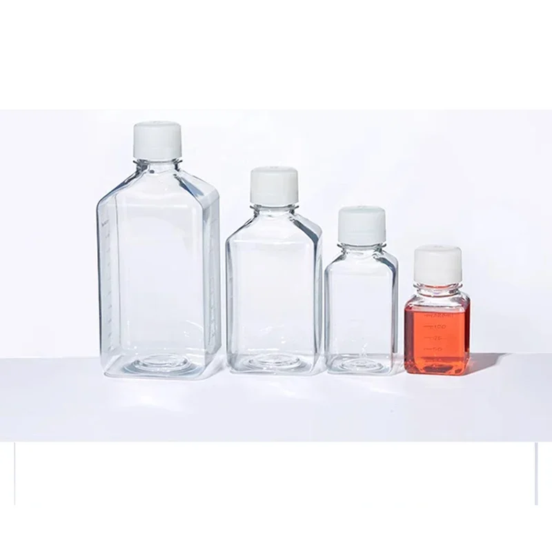 Disposable PET Culture Medium Square Sterile Plastic Dispensing Bottle With Scale Serum Sample Bottle Transparent 125 250 500ml