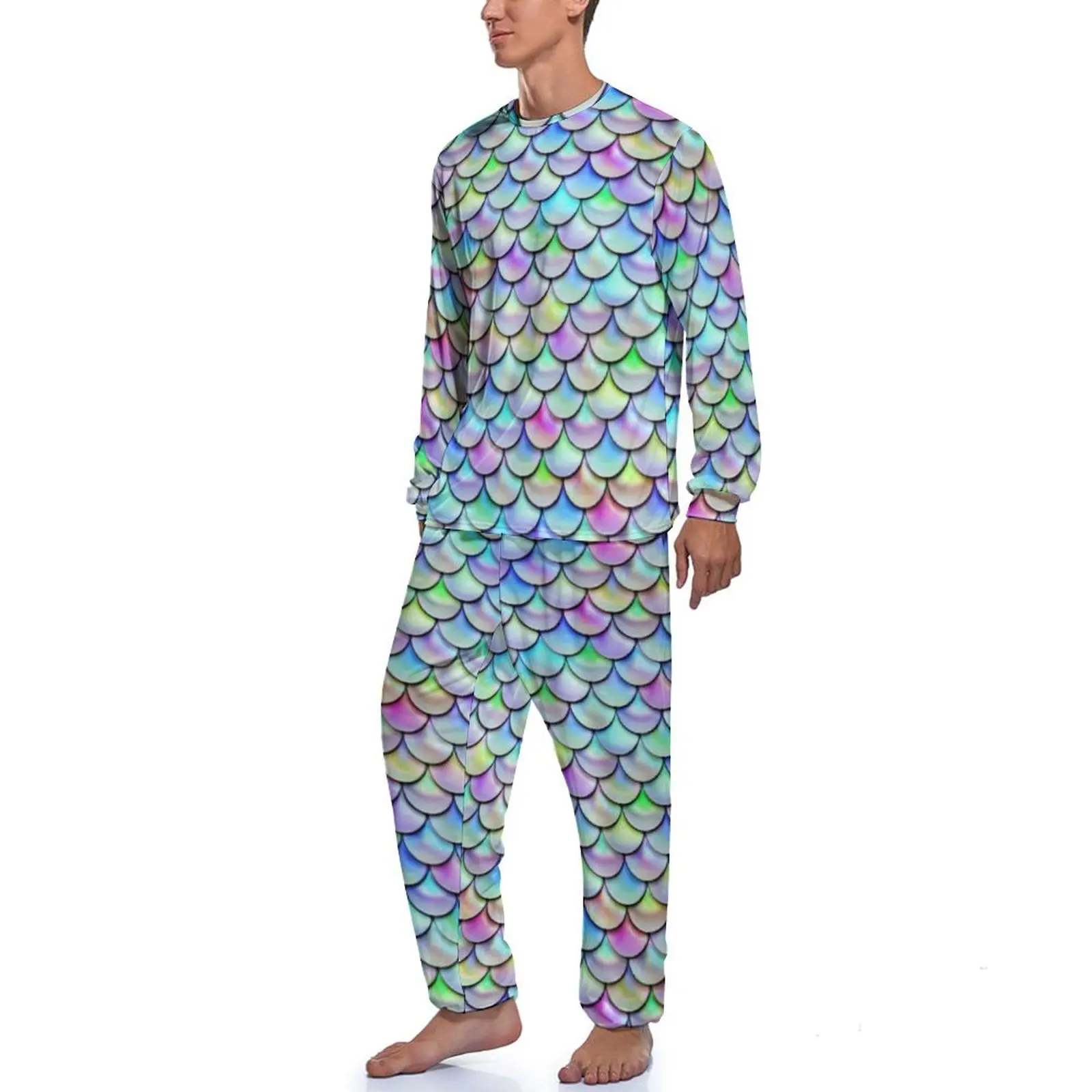 Colorful Mermaid Scales Pajamas Mens Rainbow Bubble Print Cool Sleepwear Autumn Long Sleeves Two Piece Night Printed Pajama Sets