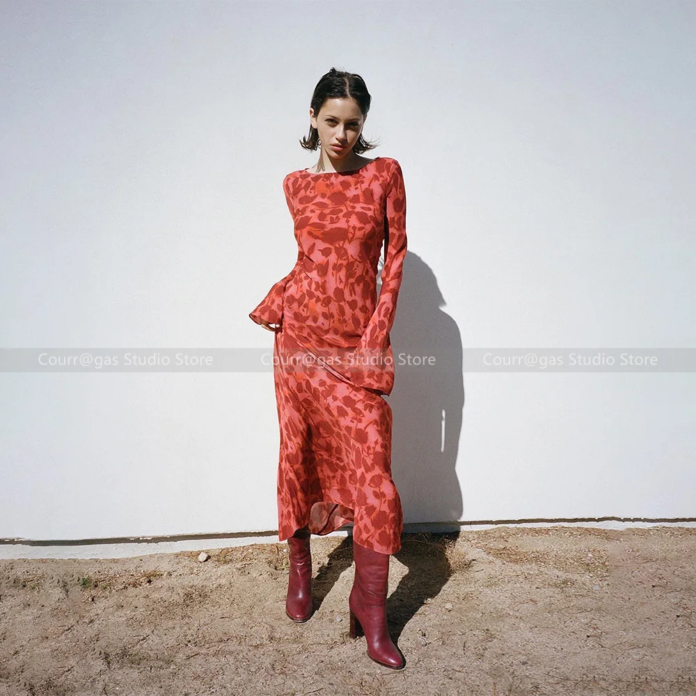 

Red Rose Printed Flared Sleeve Dress Women 2024 Spring and Autumn New Slim and Skinny Lazy Wind Vacation Long Skirt