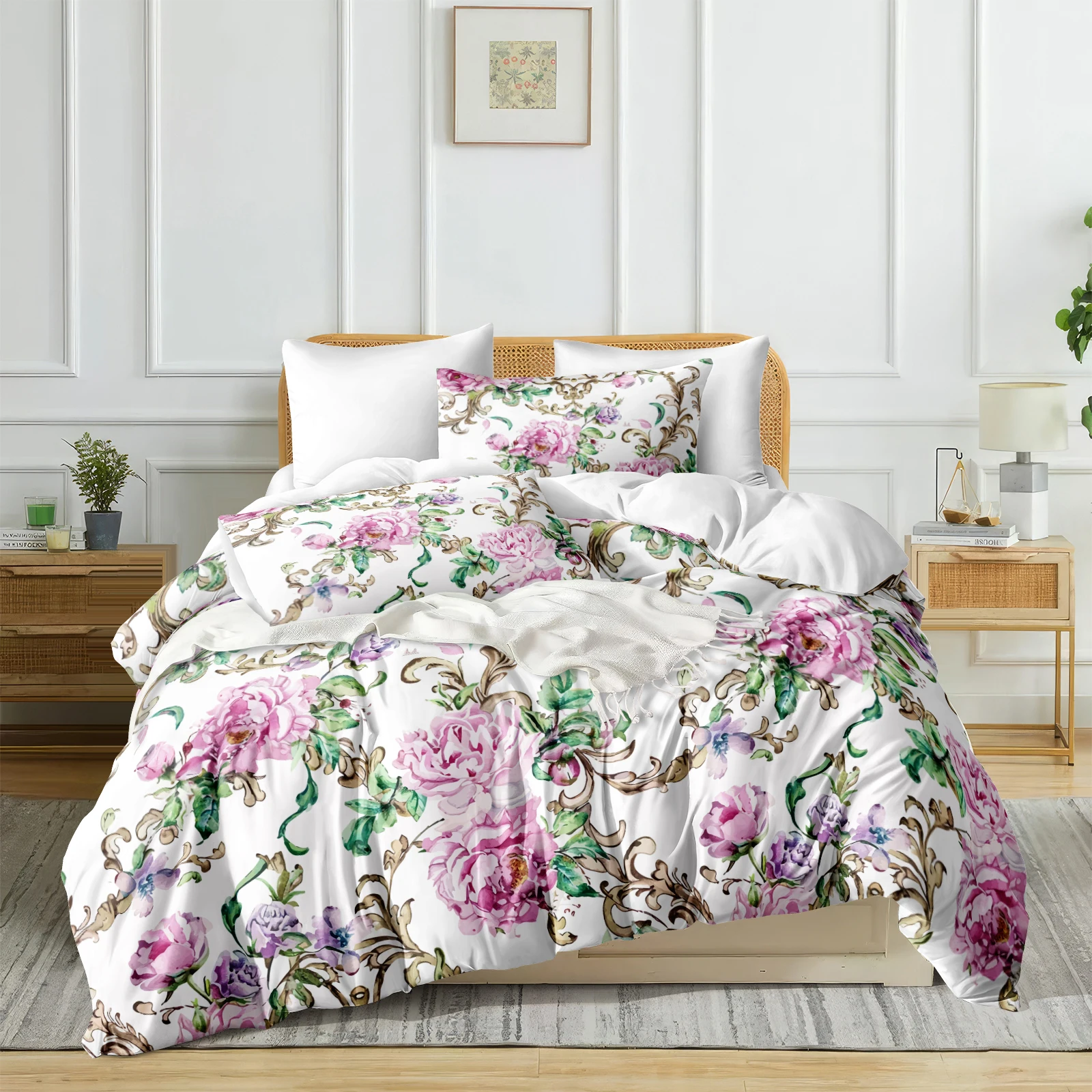 Pink Floral Duvet Cover Peony Bedcover Pastoral Home Textiles Vintage French Country Bedding Set for Woman Girls Adult