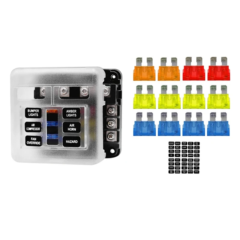 Car Boat Fuse Box Holder With 6 Ways Blade Fuse Holder Block Warning Indicator 12V 36V Power Distribution Panel Board