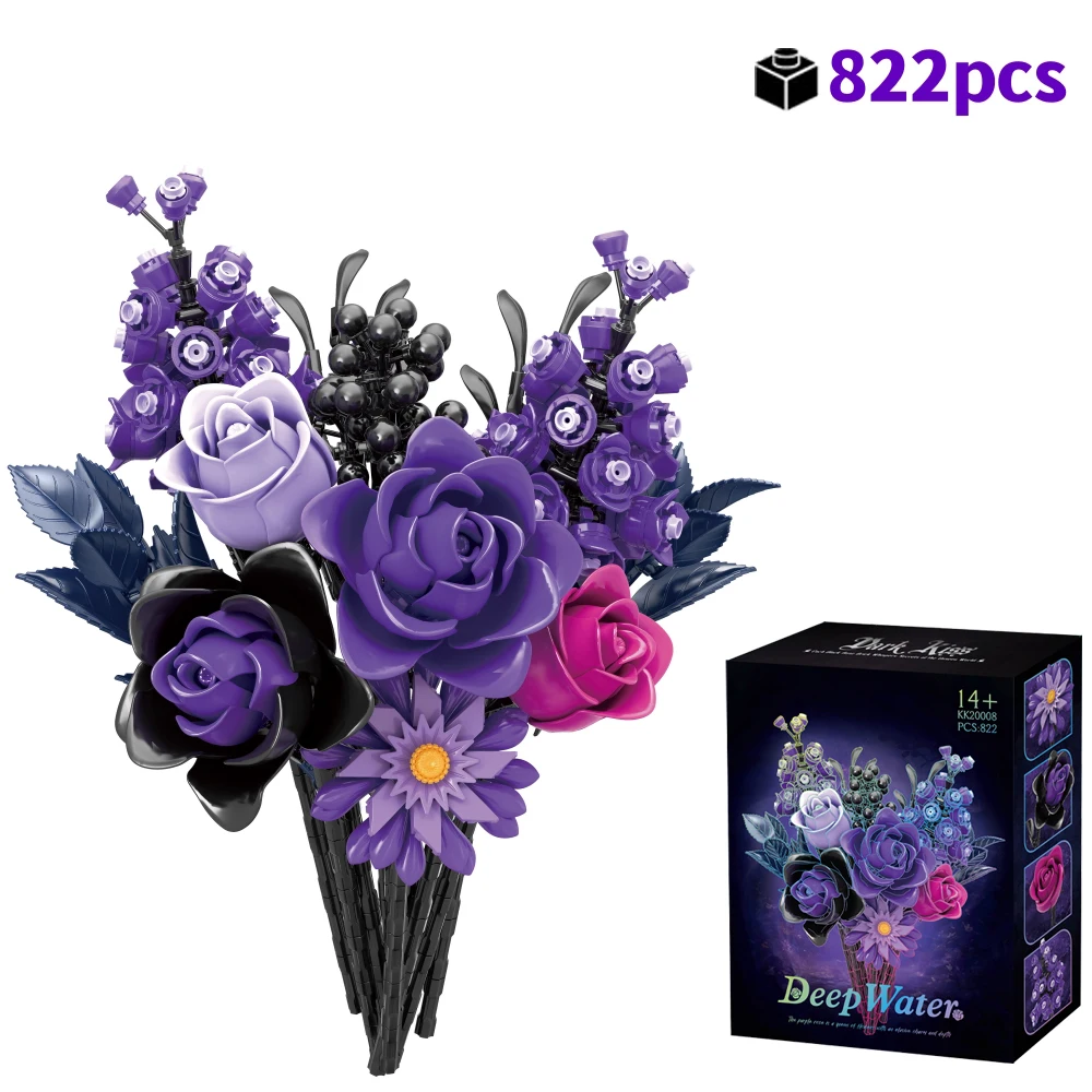 

FUNXINEE NEW Building Blocks Flower Bouquet, 822pcs Gothic Purple Immortal Flowers, 3D Creative DIY Home Decor Girls Gift