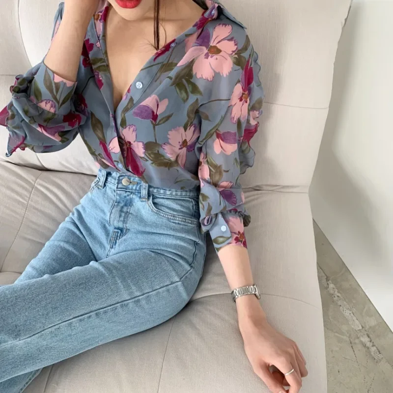 

Рубашки Блузки Женская мода Однобортная блузка с цветочным принтом Шифоновая винтажная блузка с лацканами Женская шикарная женская рубашка Y2k